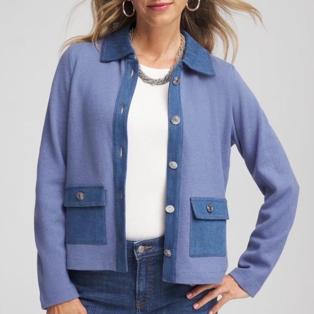 Chico's Button Up Long Sleeve Knit Cardigan Denim Colorblock Marl Shirt Jacket
